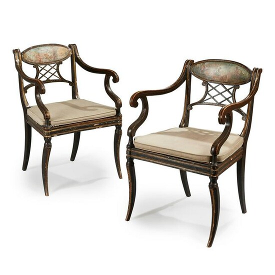 A PAIR OF EARLY REGENCY EBONISED, PAINTED AND GILT OPEN