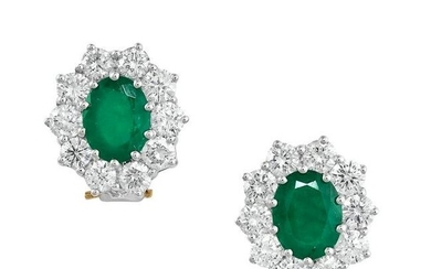 A PAIR OF EMERALD AND DIAMOND CLUSTER EARRINGS Post