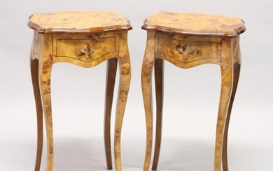 A PAIR OF FRENCH STYLE BURR WOOD SINGLE DRAWER BEDSIDE