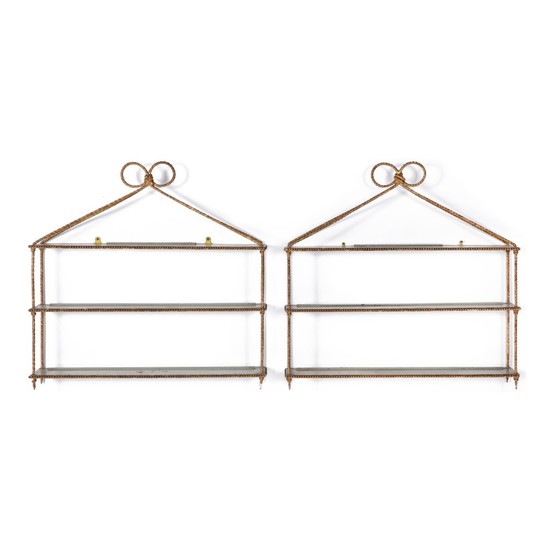 A PAIR OF GILT METAL AND WOOD HANGING SHELVES