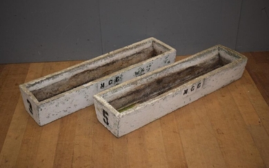 A PAIR OF MID-CENTURY OBLONG CONCRETE PLANTERS (A/F) (19H x 113W x 29D CM) (PLEASE NOTE THIS HEAVY ITEM MUST BE REMOVED BY CARRIERS...