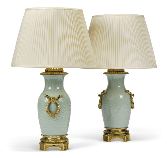 A PAIR OF ORMOLU-MOUNTED CELADON PORCELAIN VASE TABLE LAMPS, MID-20TH CENTURY, THE CELADON PORCELAIN POSSIBLY EARLIER