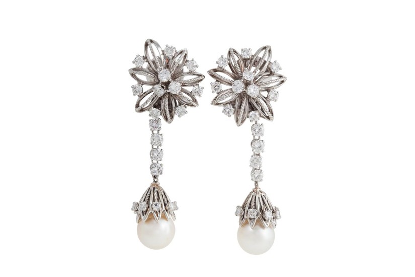 A PAIR OF SOUTH SEA CULTURED PEARL AND DIAMOND DROP EARRINGS...