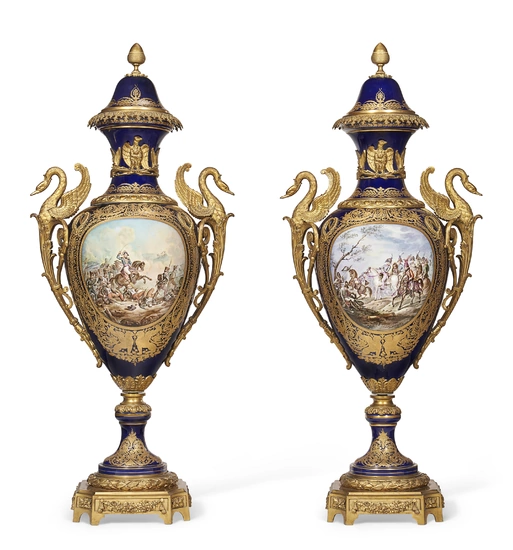 A PAIR OF VERY LARGE ORMOLU-MOUNTED SEVRES STYLE PORCELAIN COBALT-BLUE GROUND VASES AND COVERS LATE 19TH CENTURY, SPURIOUS IRON-RED M. IMPLE DE SEVRES MARKS, SIGNED INDISTINCTLY H. AMBLET
