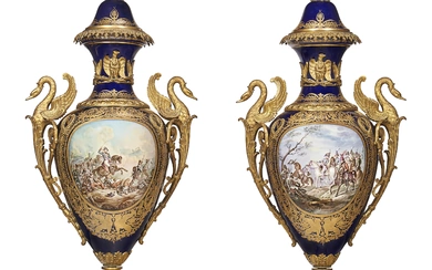 A PAIR OF VERY LARGE ORMOLU-MOUNTED SEVRES STYLE PORCELAIN COBALT-BLUE GROUND VASES AND COVERS LATE 19TH CENTURY, SPURIOUS IRON-RED M. IMPLE DE SEVRES MARKS, SIGNED INDISTINCTLY H. AMBLET