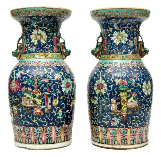 A Pair of Blue Ground Famille Rose Chinese Yangcai