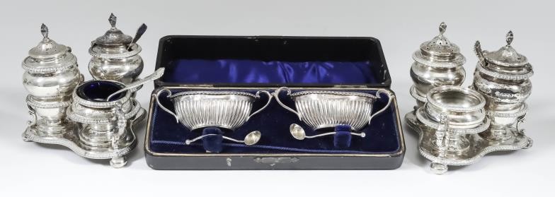 A Pair of Edward VII Silver Oval Two-Handled Salts,...