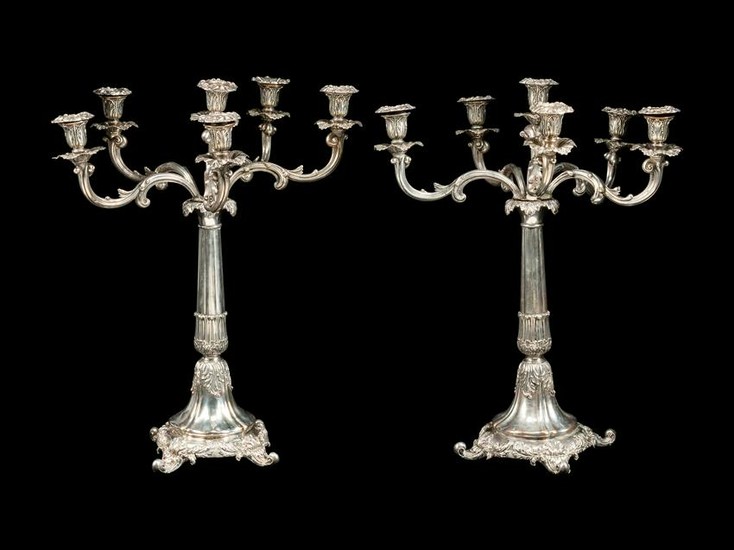 A Pair of English Silver-Plate Six-Light Candelabra