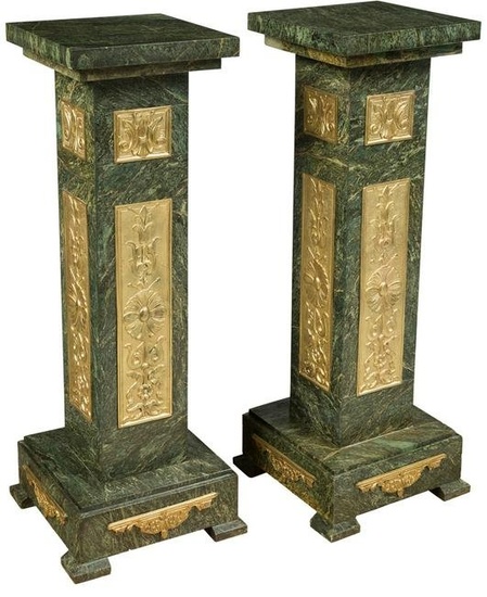 A Pair of French Gilt Bronze and Verde Marble Pedestals