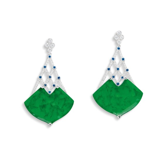 A Pair of Jadeite, Diamond and Sapphire Ear Pendants