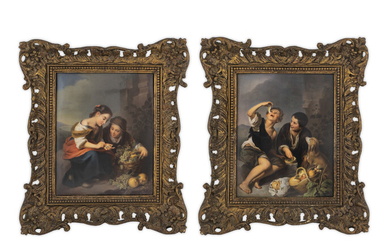 A Pair of KPM Porcelain Plaques: The Little Fruit Seller and Boys Eating Grapes and Mellon