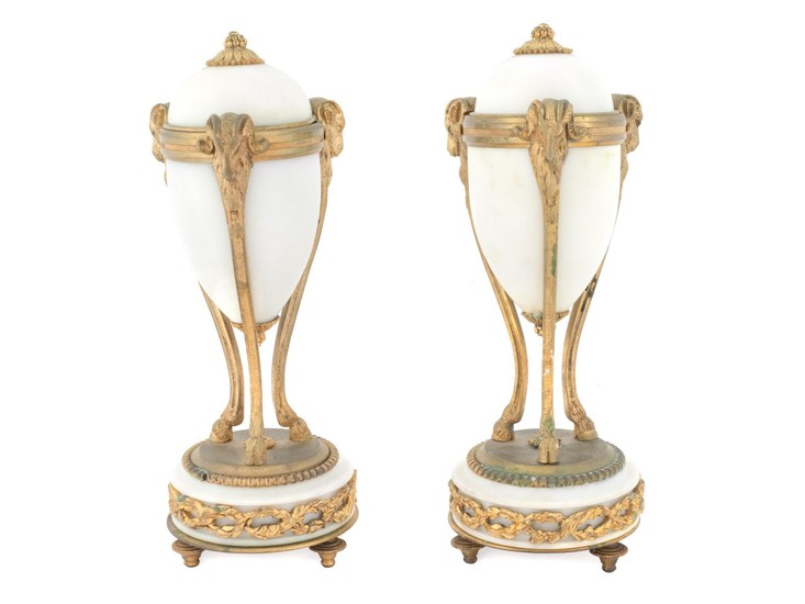 A Pair of Louis XVI Style Gilt Bronze Mounted Alabaster Cassolettes