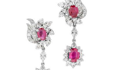 A Pair of Ruby, Diamond and Platinum Ear Pendants