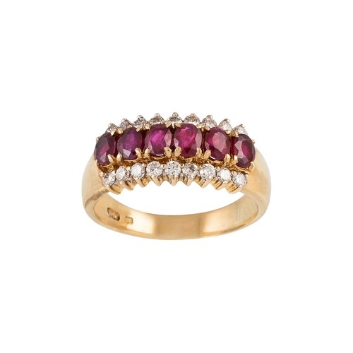 A RUBY AND DIAMOND DRESS RING, set with oval rubies and bril...