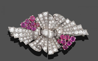 A Ruby and Diamond Double Clip Brooch, circa 1940's, formed...