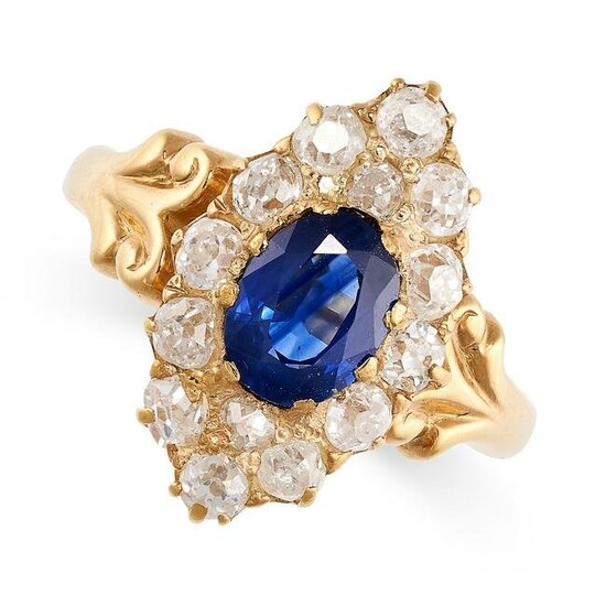 A SAPPHIRE AND DIAMOND RING in yellow gold, the navette