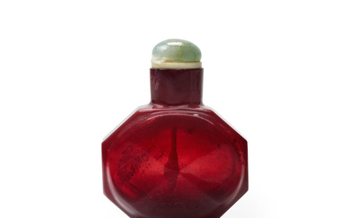 A SEMI-TRANSPARENT RUBY-RED GLASS OCTAGONAL BOTTLE Attributed to the Imperial...