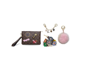 A SET OF FOUR: A POCHETTE PATCHES CITY POUCH CLUTCH WITH GOLD HARDWARE, A KALEIDO BAG CHARM, A CALF LEATHER FLORAL STRAP YOU SHOLDER STRAP WITH GOLD HARDWARE, A PINK & BEIGE FOX FUR POM POM BAG CHARM WITH GOLD HARDWARE, LOUIS VUITTON & FENDI, 2010S