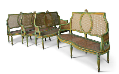 A SET OF FOUR ITALIAN CANED BLUE AND CREAM-PAINTED NEOCLASSICAL BENCHES