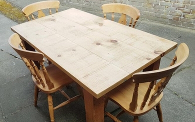 A Solid 3-Plank Pine Farmhouse Kitchen Table with Four...