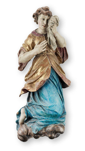 A South German carved polychrome and parcel gilt figure of a weeping angel