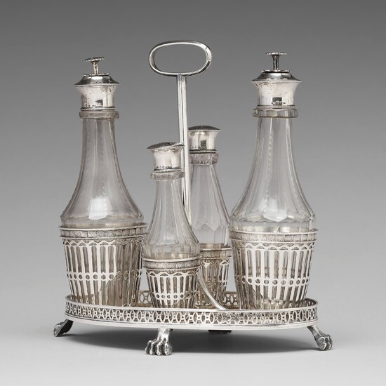 A Swedish early 19th century silver and glass cruet-set, marked Pehr Zethelius, Stockholm 1808.