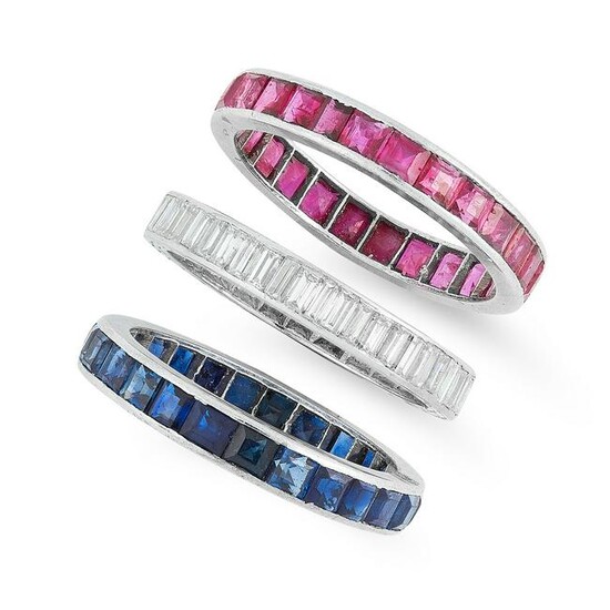 A TRIO OF SAPPHIRE, RUBY AND DIAMOND ETERNITY RINGS