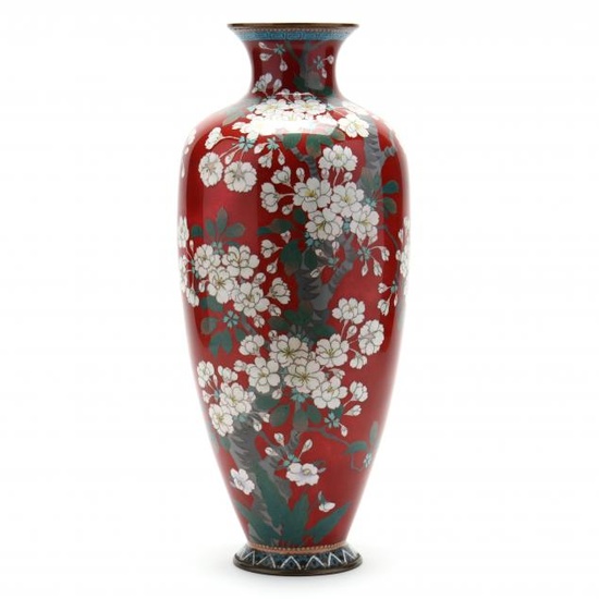 A Tall Japanese Cloisonne Vase with Cherry Blossoms