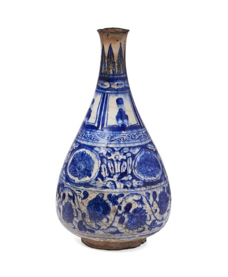 A Timurid blue and white pottery bottle,...