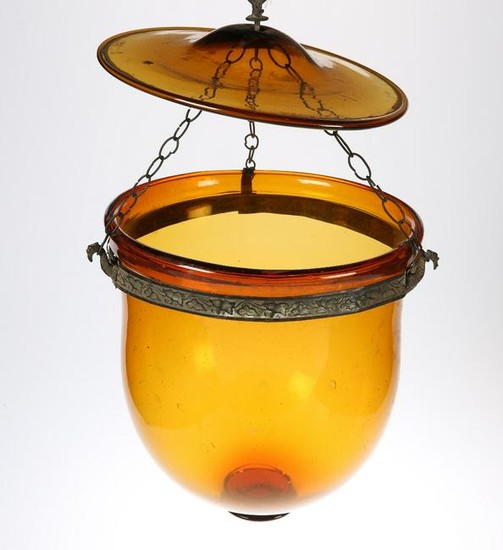 A VICTORIAN AMBER GLASS HANGING LIGHT DOME WITH