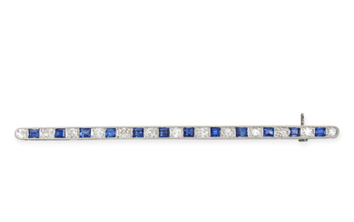 A VINTAGE SAPPHIRE AND DIAMOND BAR BROOCH in plati ...