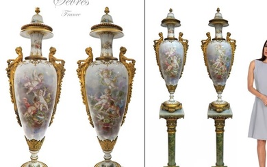 A Very Rare Pair of Gilt Figural Bronze Sevres Vases