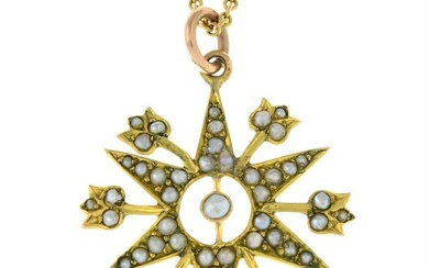 A Victorian 9ct gold split pearl star pendant, with trace-link chain.