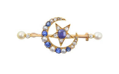 A Victorian Sapphire, Diamond and Pearl Star and Crescent Brooch...