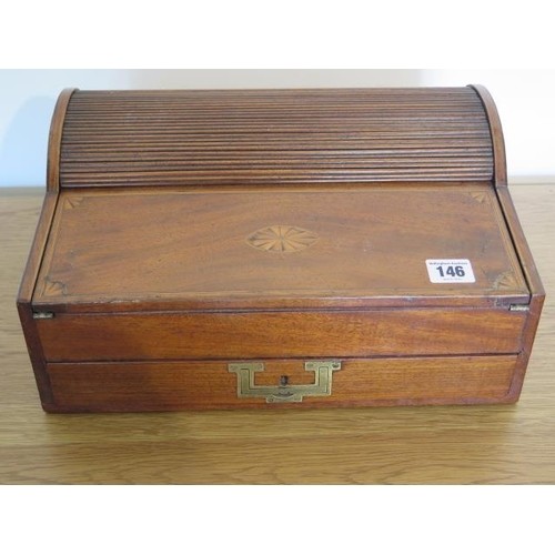 A Victorian inlaid mahogany tambour top writing slope with a...