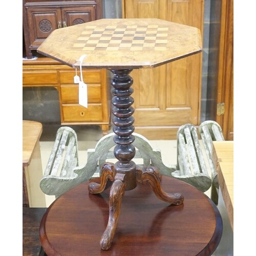 A Victorian octagonal walnut tripod games table, width 50cm ...