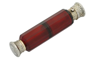 A Victorian sterling silver gilt ruby glass double scent bottle, London 1866 by Sampson Mordan