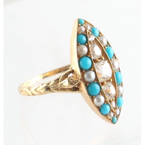 A Victorian yellow gold turquoise diamond & seed pearl ring,...