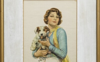 A WOMAN AND HER DOG, A WATERCOLOUR ON SILK