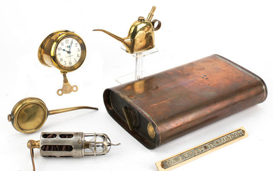 A brass 8-day car clock and other early motoring accessories