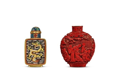 A carved cinnabar lacquer and a cloisonne enamel snuff bottle Late Qing dynasty | 清末 剔紅鼻烟壺 及 掐絲琺琅鼻烟壺 一組兩件