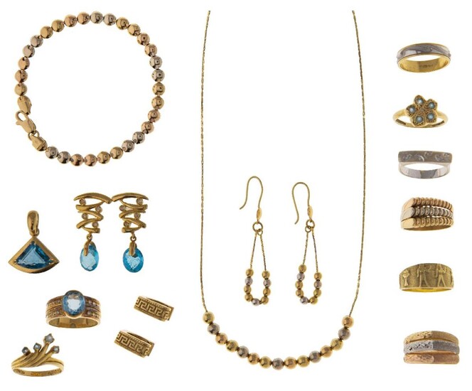 A collection of jewellery, comprising: eight rings; three pairs of earrings; a pendant; necklace and bracelet, length 42cm and 19cm