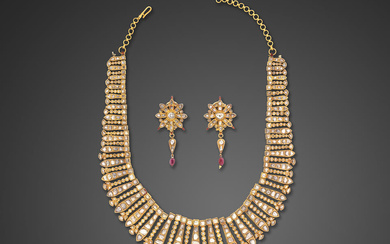 A diamond-set enamelled gold necklace and earrings India, 20th Century...