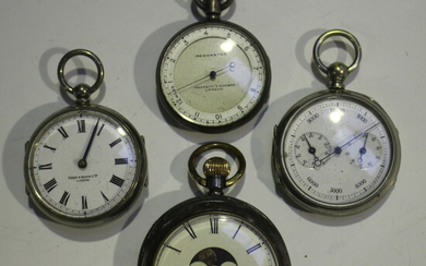 A double-sided gun metal cased keyless wind pocket watch/calendar, the enamelled watch dial with a m