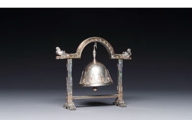 A fine parcel-gilt silver table bell or miniature gong, Sout...
