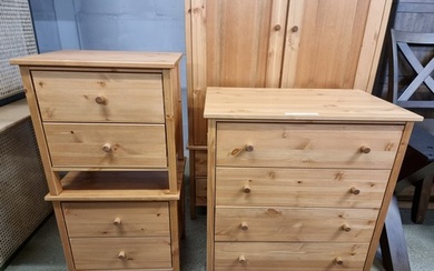 A four drawer pine chest of drawers and two bedside chests -...