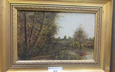 A framed oil on board of countryside signed bottom rightCondition...