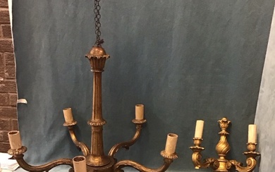 A giltwood five-light chandelier with tapering fluted column and boss...