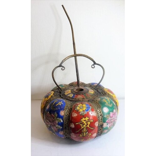 A large Chinese ceramic and metal mounted melon-shaped pot a...