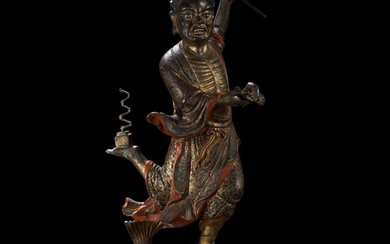 A large Chinese gilt and lacquered bronze figure of "Kui Xing" 铜鎏金魁星 19th century or earlier 十九世纪或更早